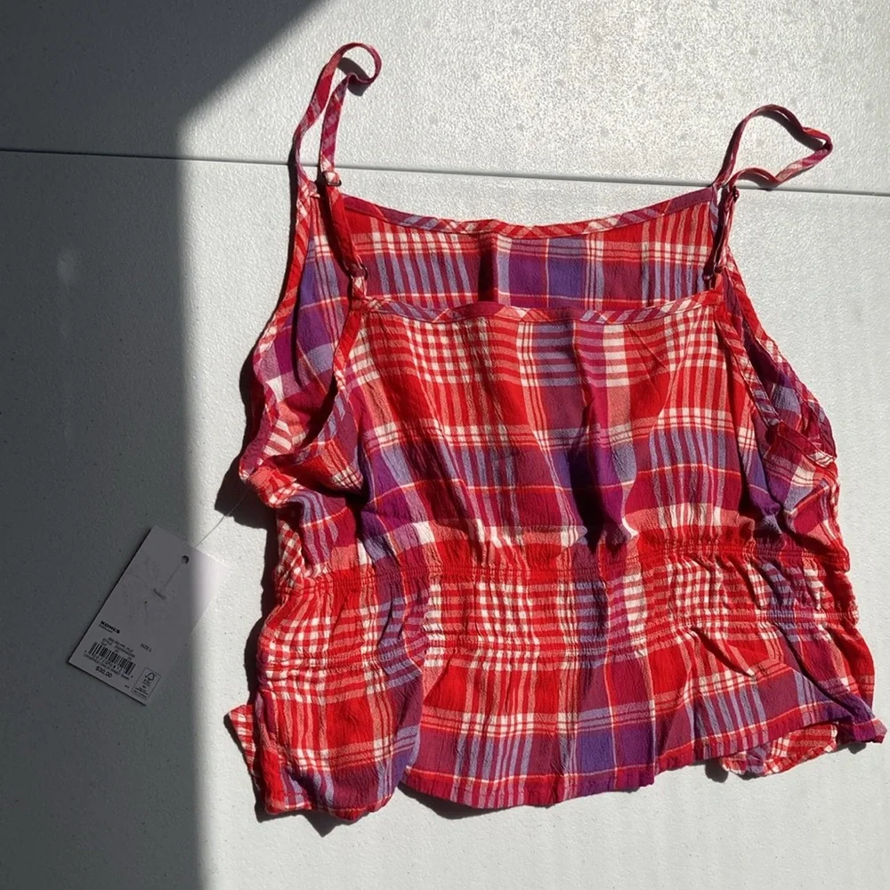 So Crop top red plaid cinch waist cropped tank top casual boho sleeveless - Picture 9 of 16